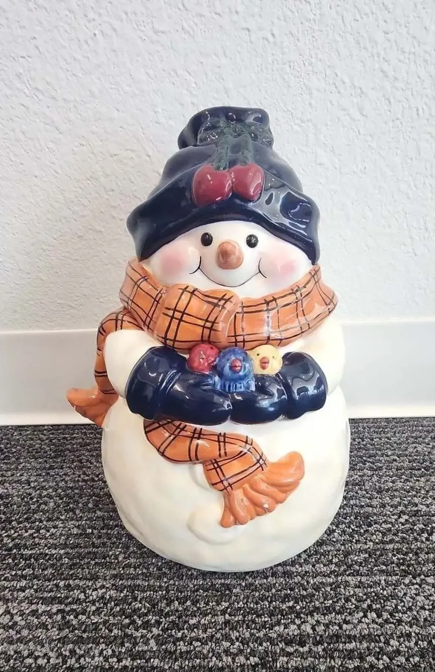 Vintage Snowman Holding Chicks Holiday Cookie Jar